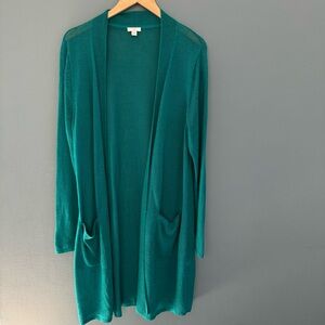 J.Jill Forest Green Maxi Long Linen Blend Open Front Knit Cardigan Women Size L